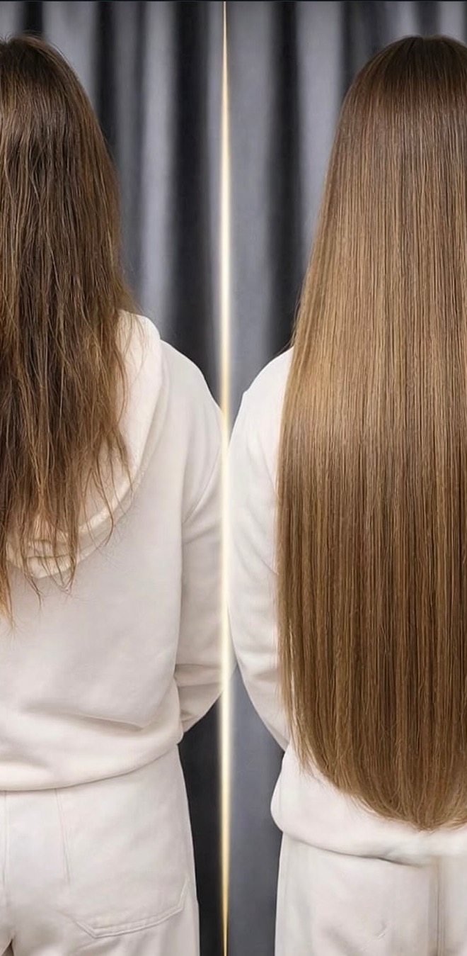Before — consented Avelen studio hair extension result, not labeled as a bridal case