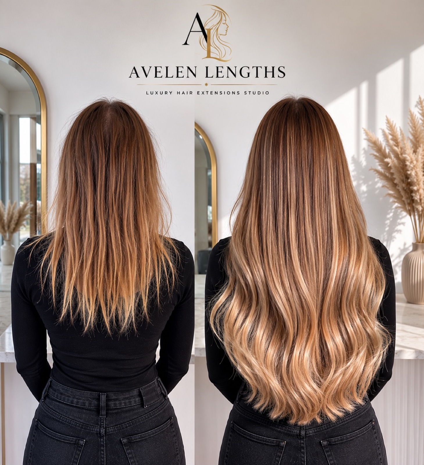 Before and after brunette to soft blonde Avelen extension transformation
