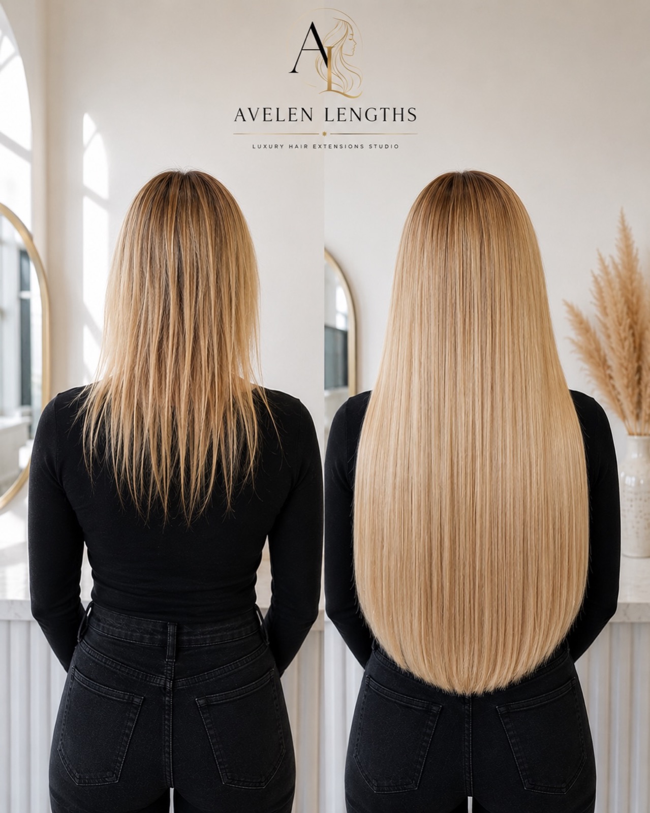 Before and after long blonde Avelen extension transformation