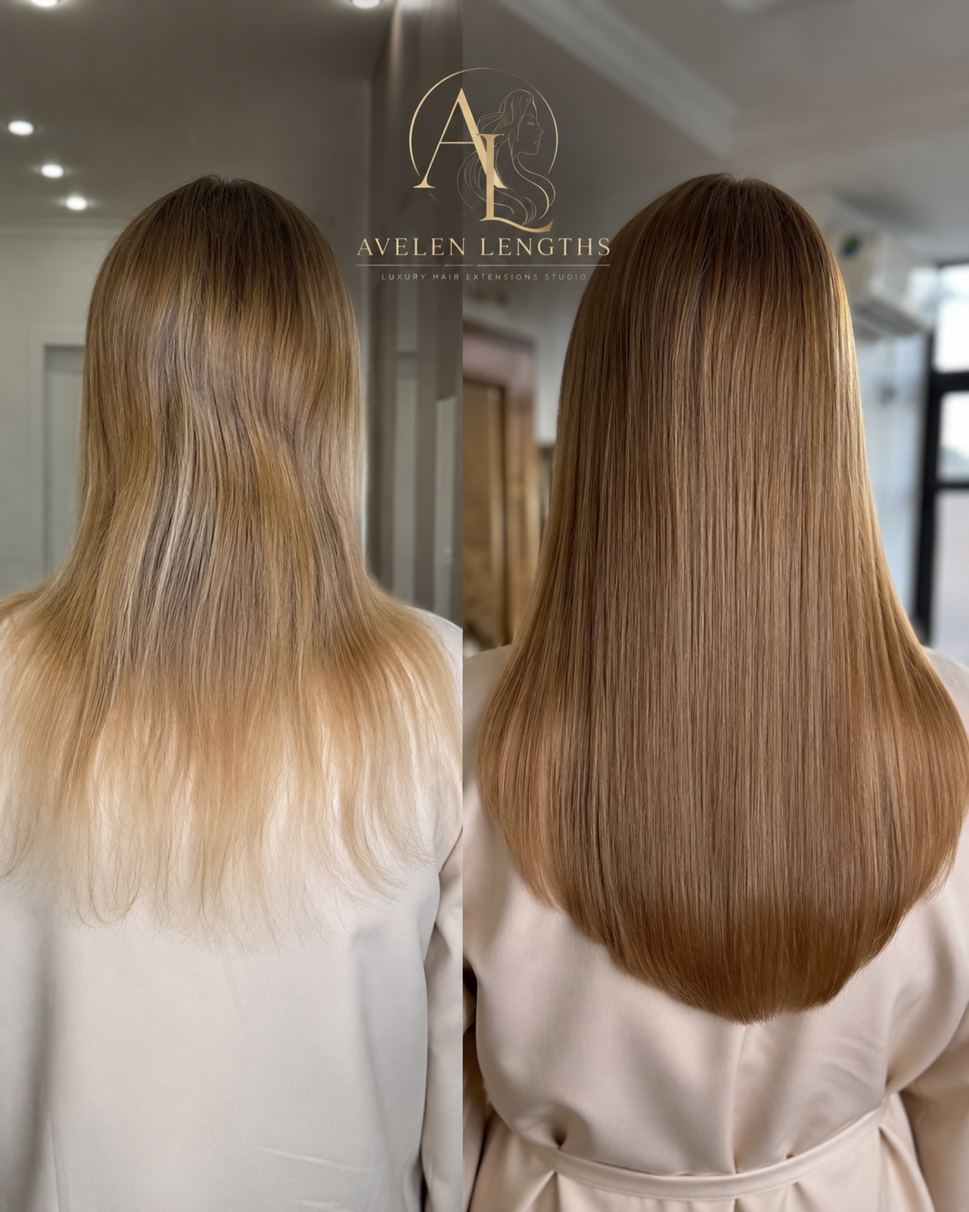 Before and after polished brunette Avelen extension transformation